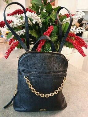 Calvin Klein Black Leather Backpack/Purse (11"H x 10"L)